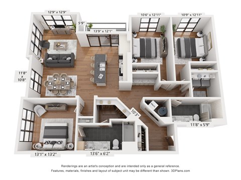 Floor plan for 3 beds, 2 baths, 1512 sqft